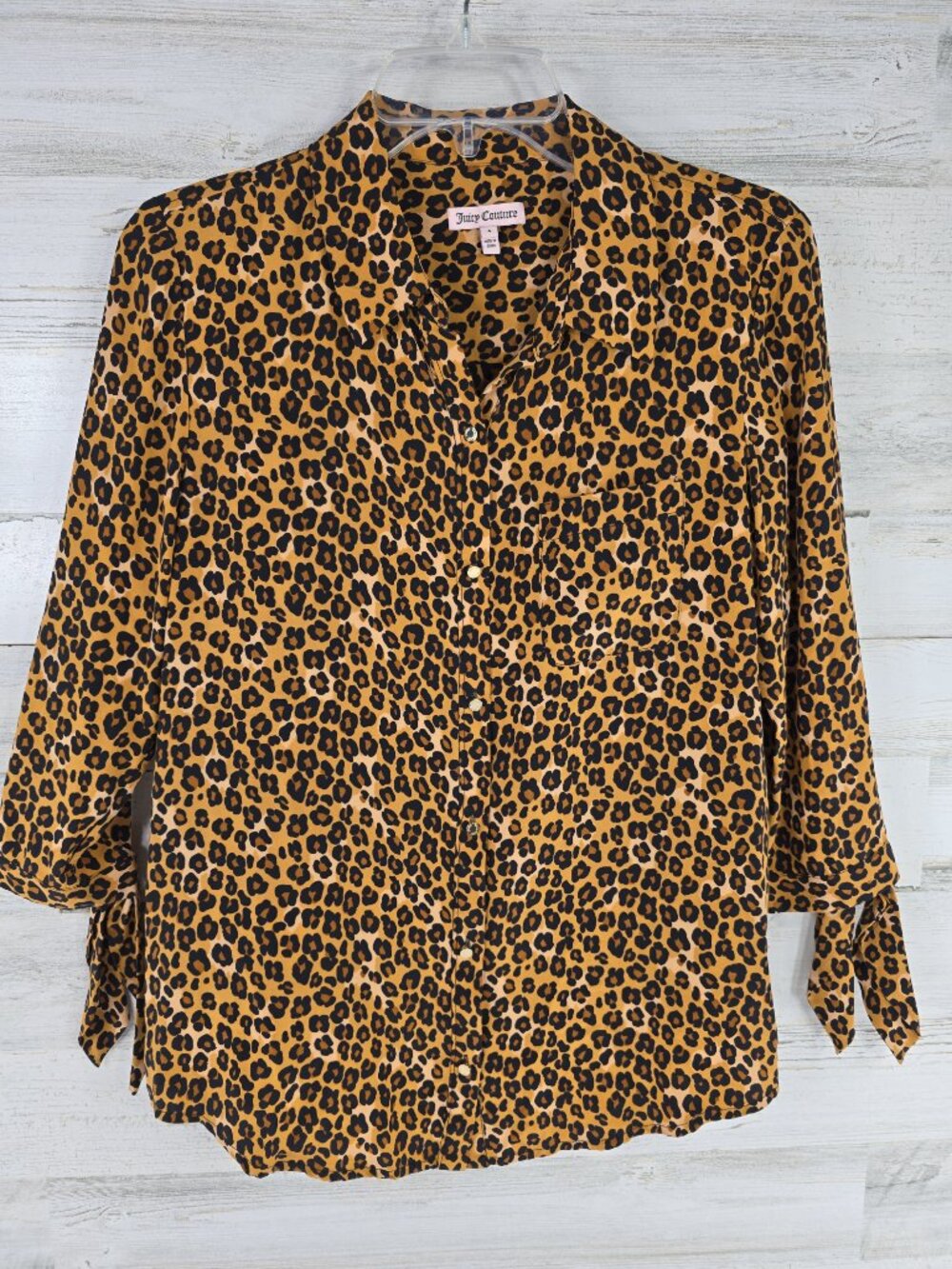 Juicy Couture Cheetah Print Button Up Collared Shirt 100% Silk 3/4 Sleeve SIZE 4
